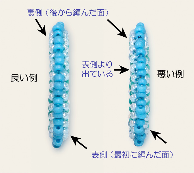 厚みを付けた円形のプレイテッドヘリンボーンステッチのパーツの良い例と悪い例の比較写真